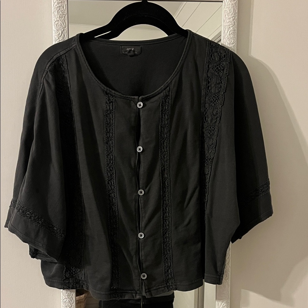Aerie Charcoal Button-Up Blouse with Lace